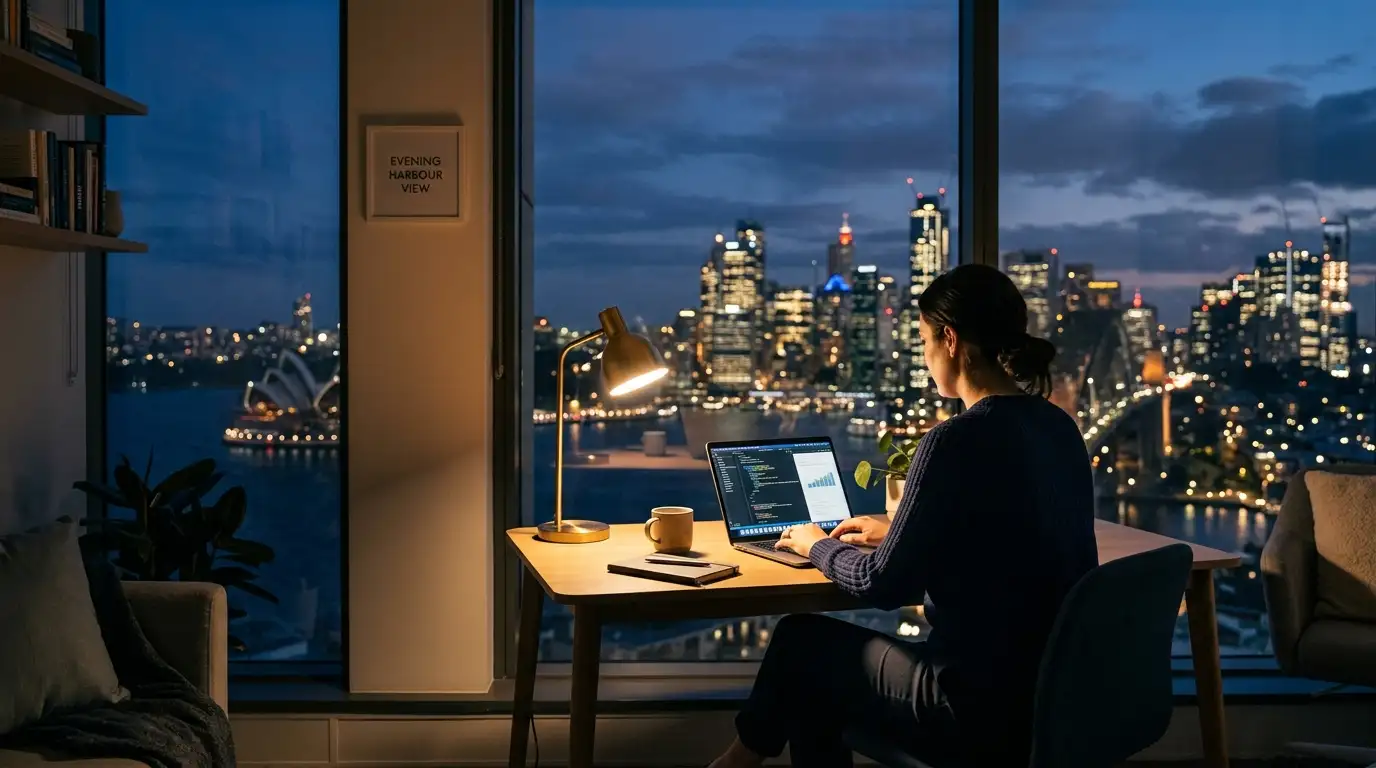 Australian city street view at dusk with an office window and a person working at a laptop