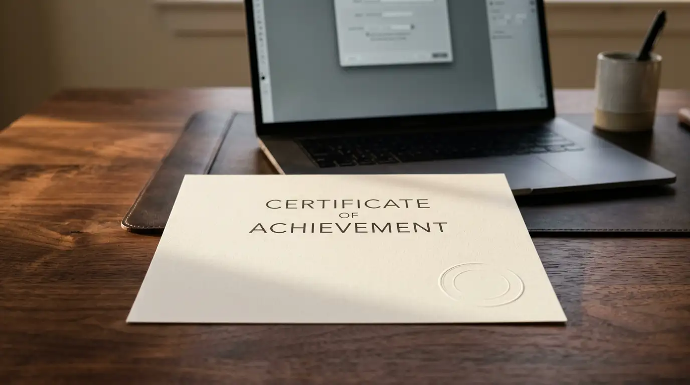 Neutral licence document with an official stamp lying on a wooden desk beside a laptop
