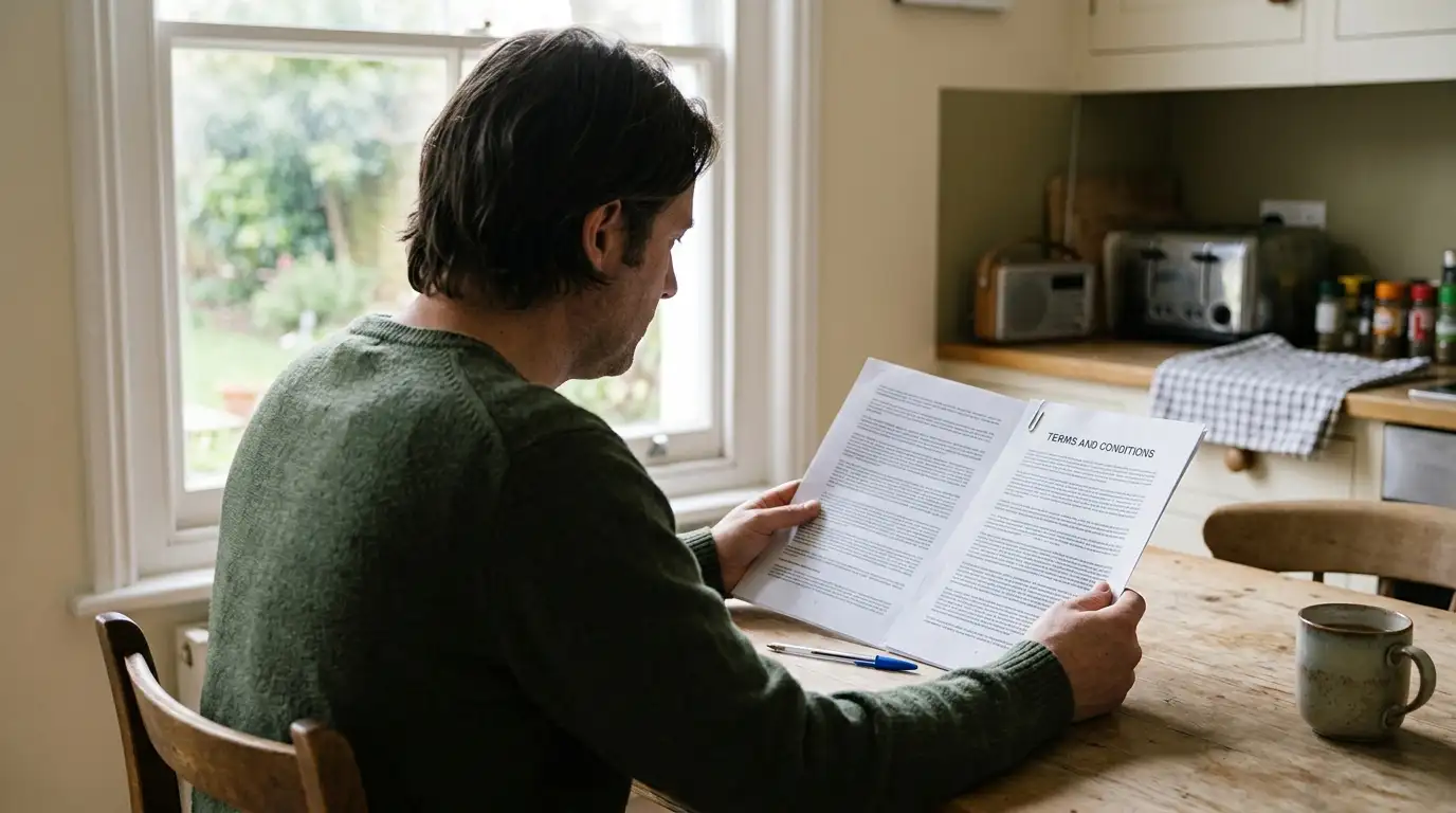 Person reading printed bonus terms with a pen resting on the page