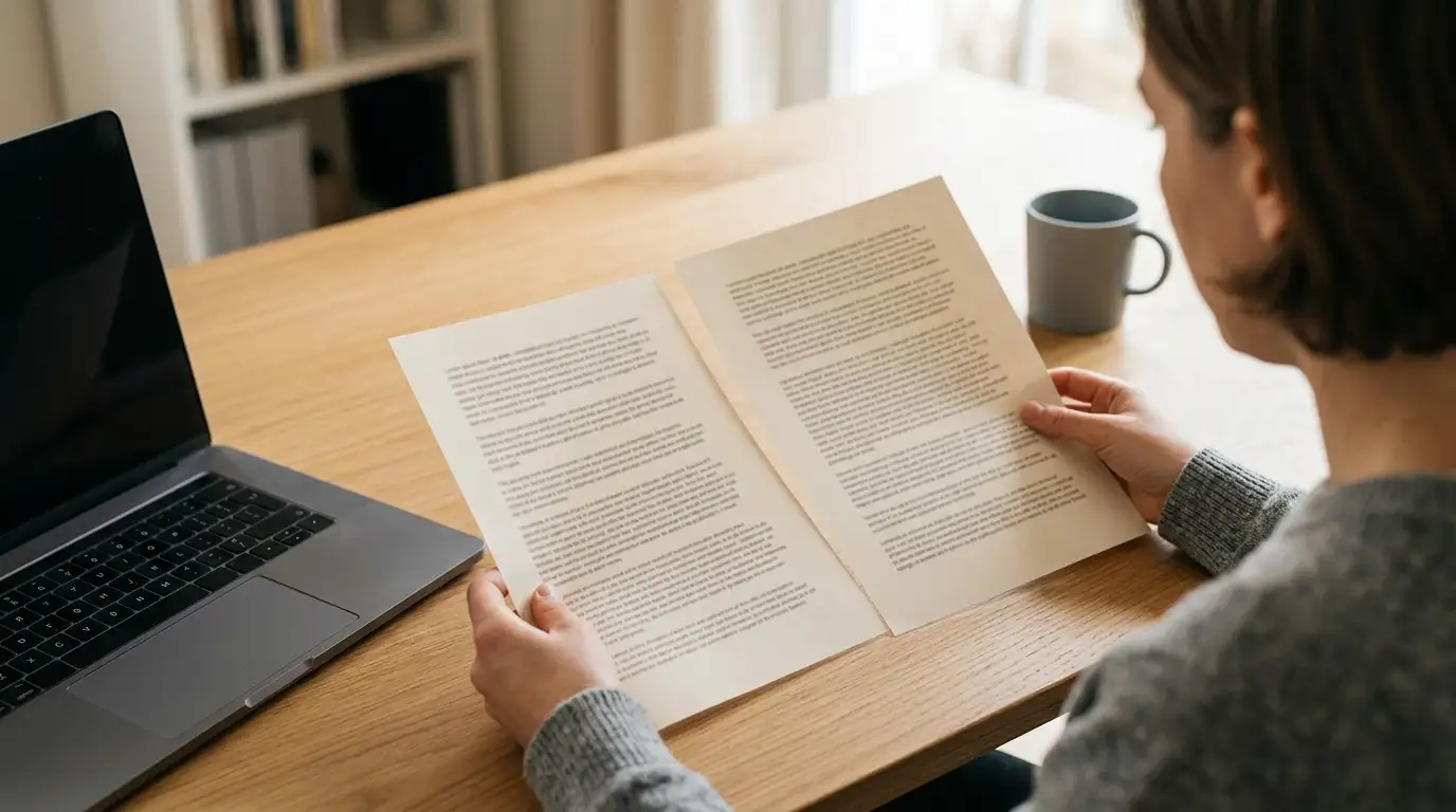 Person at a desk comparing two printed pages of casino deposit terms