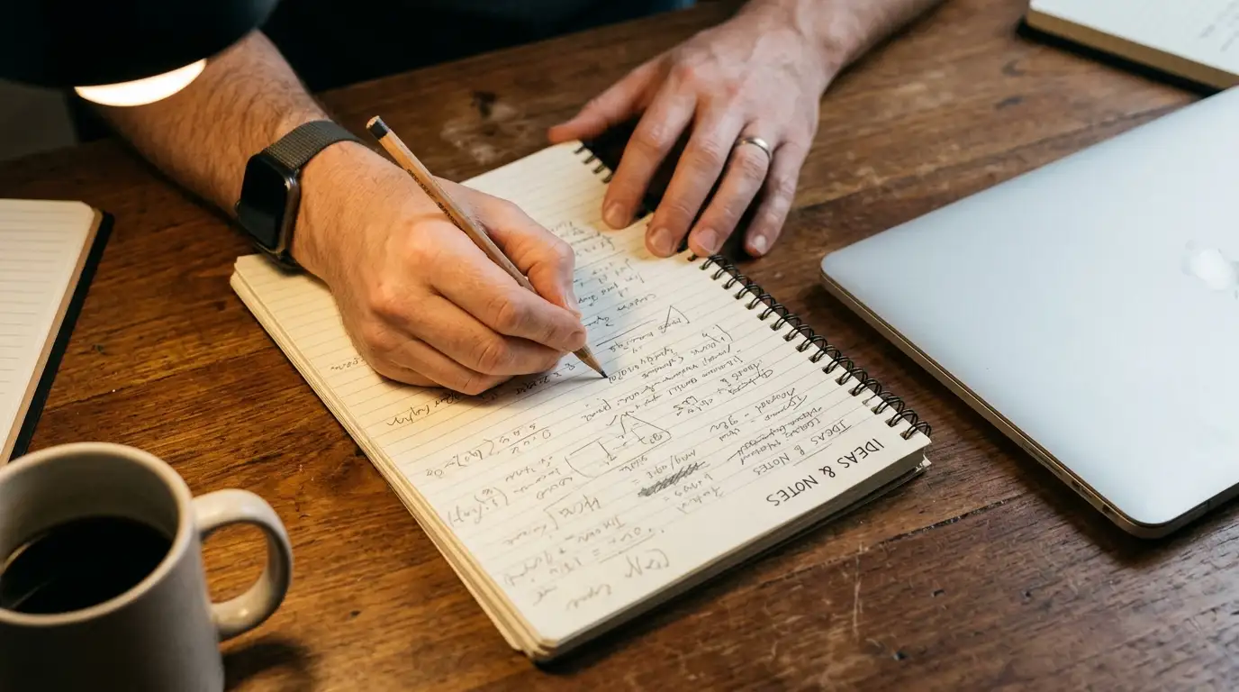 Person writing turnover figures by hand on a notepad beside a closed laptop