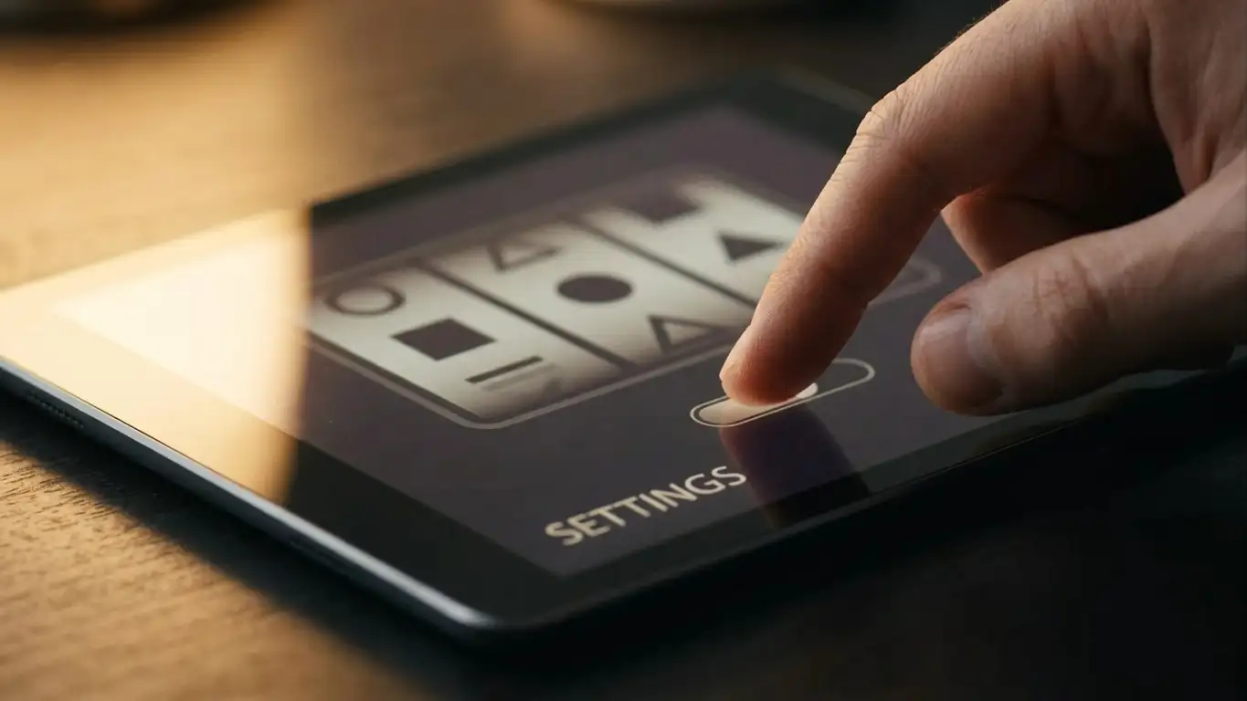 Hand adjusting a stake control on a tablet screen showing generic spinning reels