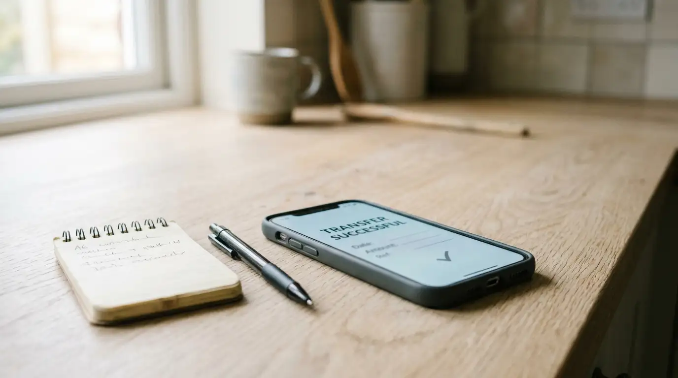 Smartphone showing a bank transfer approval screen beside a notepad on a kitchen bench
