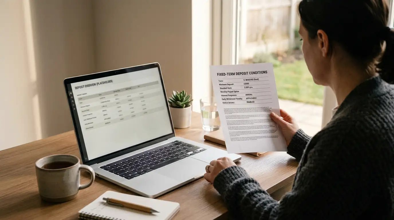 Person at a desk comparing a printed list of deposit conditions against a laptop screen