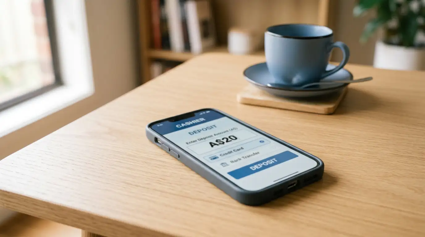 A smartphone on a desk showing A$20 in a casino cashier deposit field
