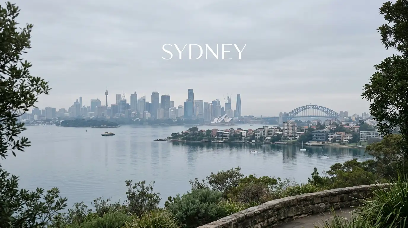 Sydney harbour skyline in flat afternoon light seen from a quiet vantage point