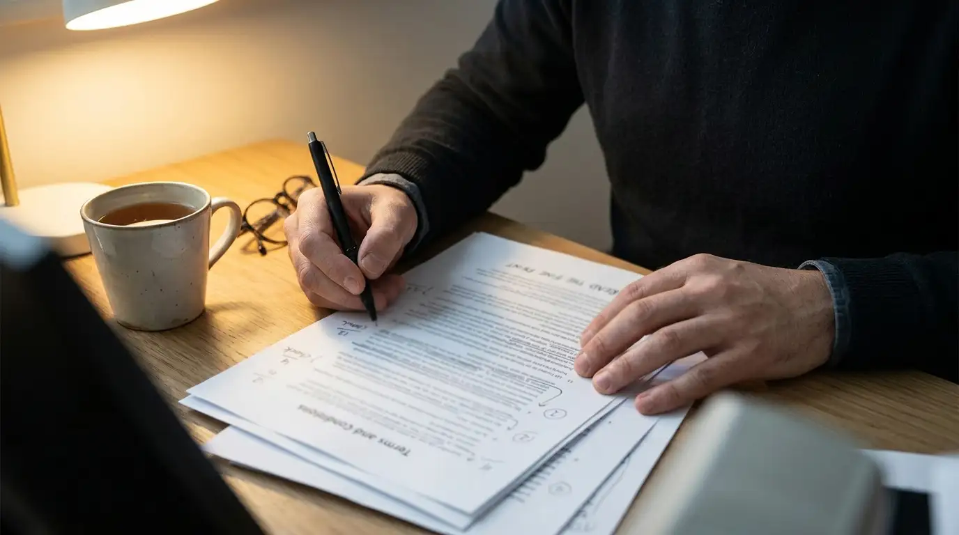 Person working through bonus terms on paper with a pen, figures written in the margin