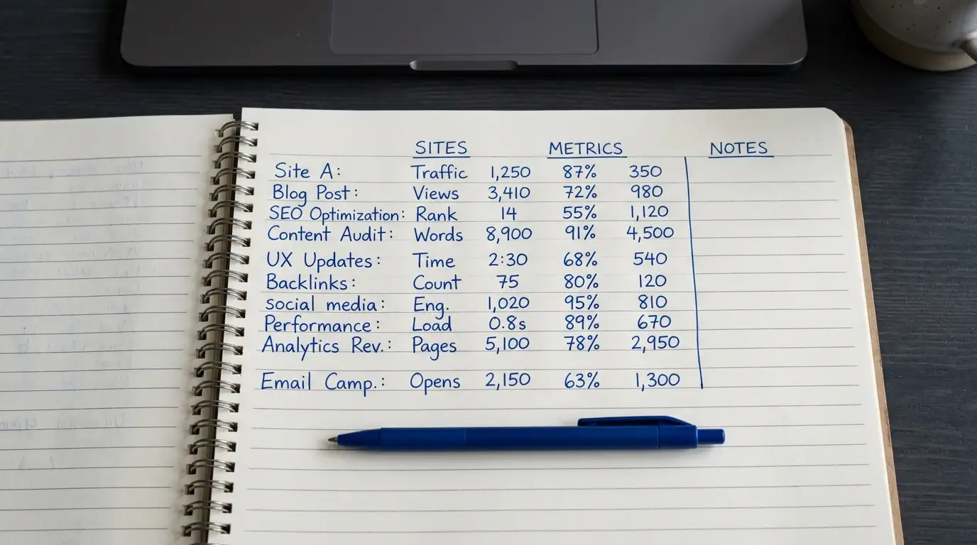 Notepad listing nine site names with three columns of handwritten threshold figures