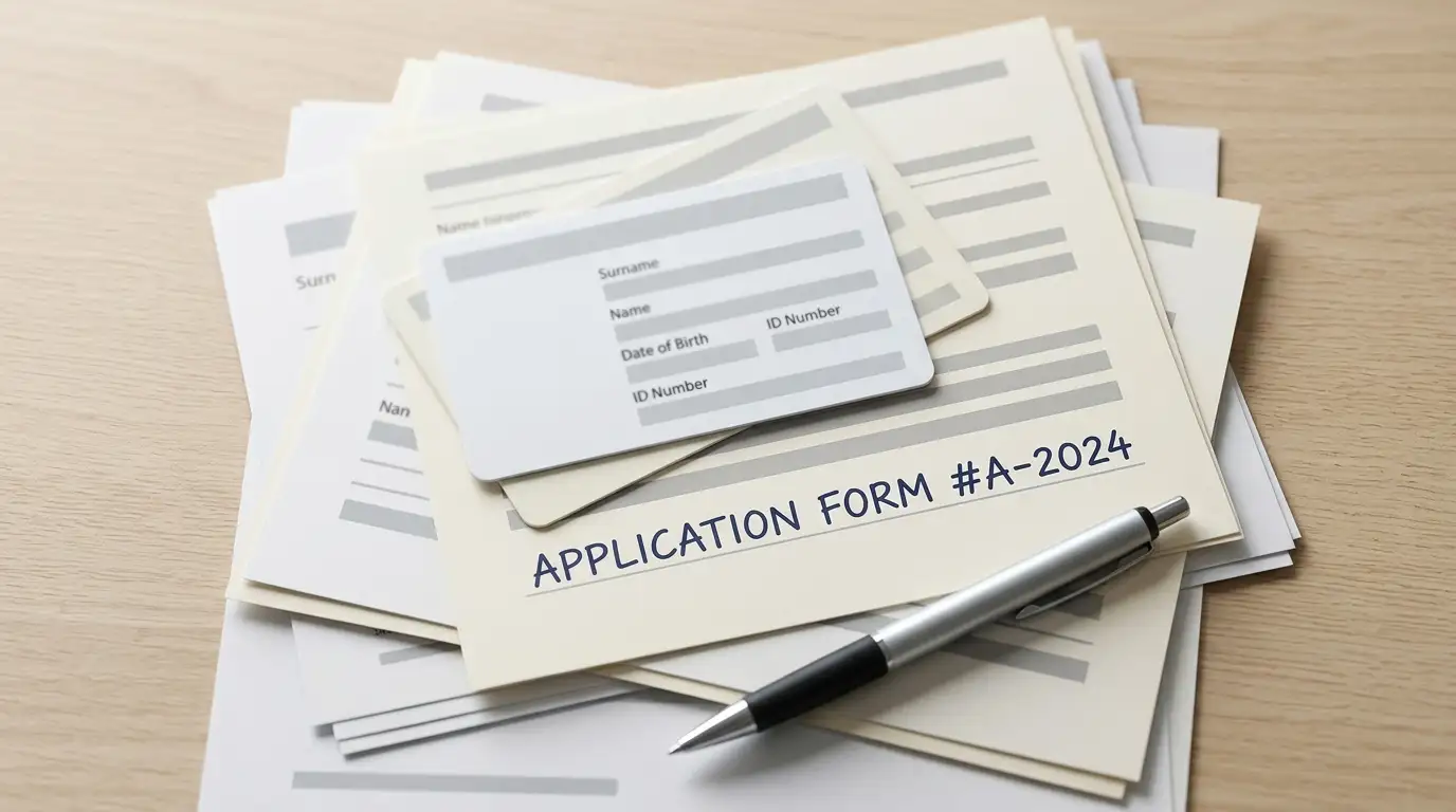 Identity documents and a printed form stacked neatly on a desk ready for verification