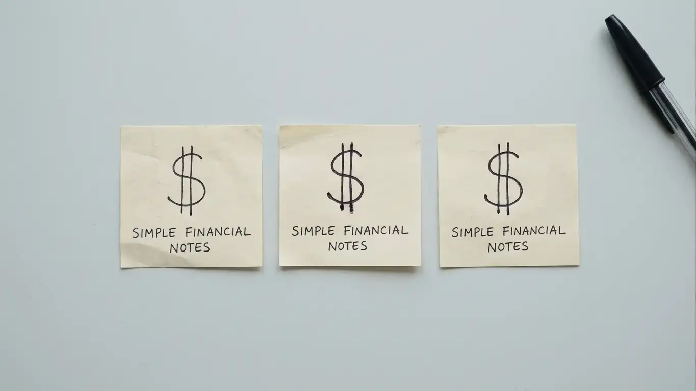 Three separate handwritten notes on a desk each showing a dollar symbol