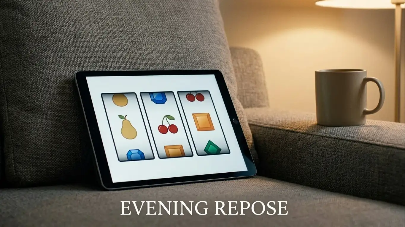 Tablet on a couch showing generic spinning reel symbols with no branding