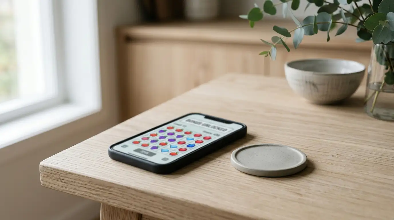 Phone on a kitchen bench showing a pokies lobby beside a single unmarked token