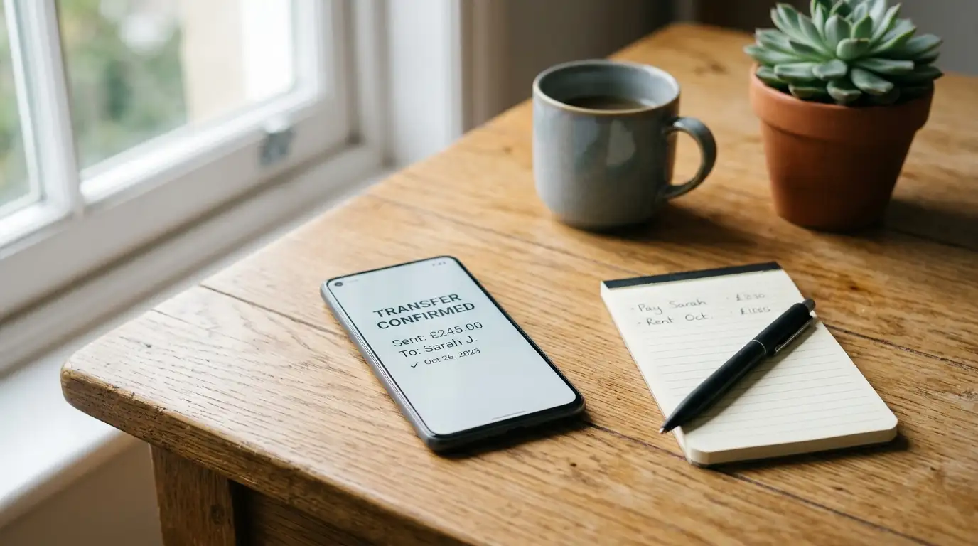 Smartphone showing a bank transfer screen next to a notepad on a wooden desk