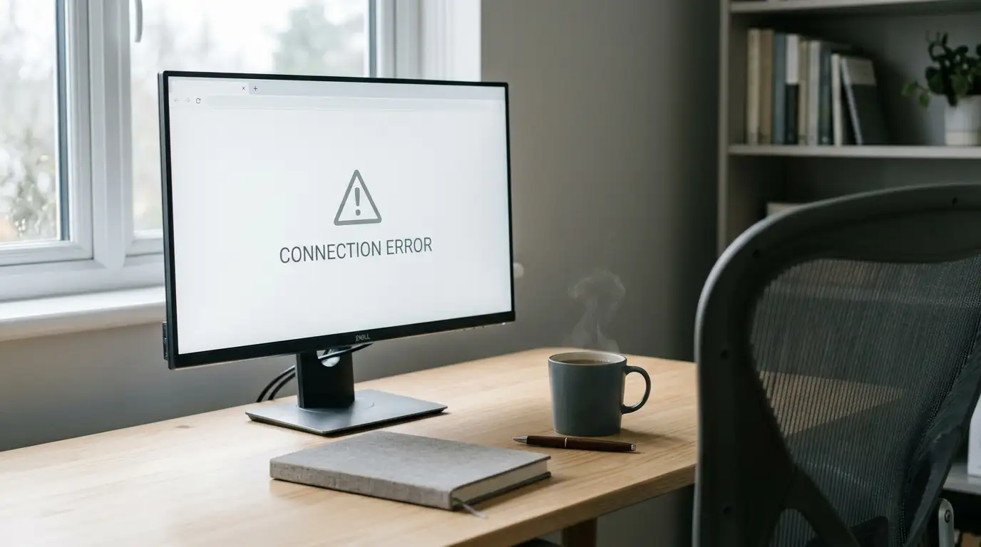 Browser window showing a blocked page notice on a home office monitor
