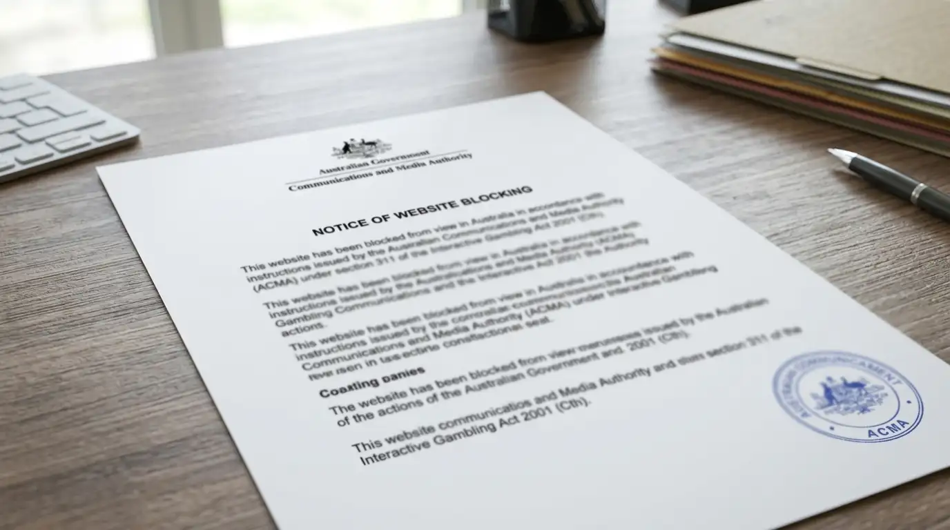 Australian Communications and Media Authority official document with casino website blocking notice visible