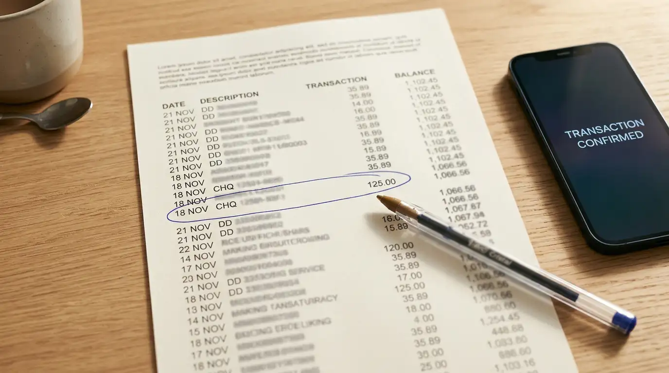 Printed account statement with a fee line marked by hand in pen