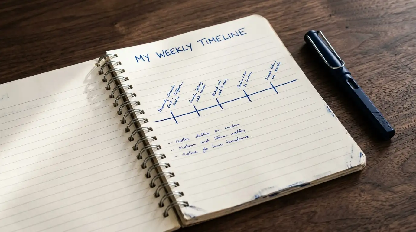 Timeline sketched in a notebook marking staged payments across several weeks