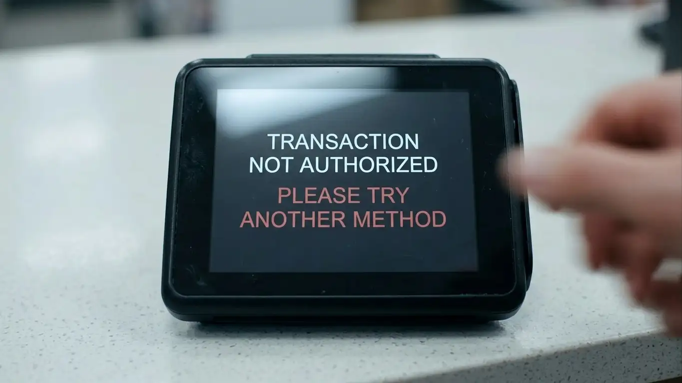 Close-up of a payment terminal screen showing a declined transaction message