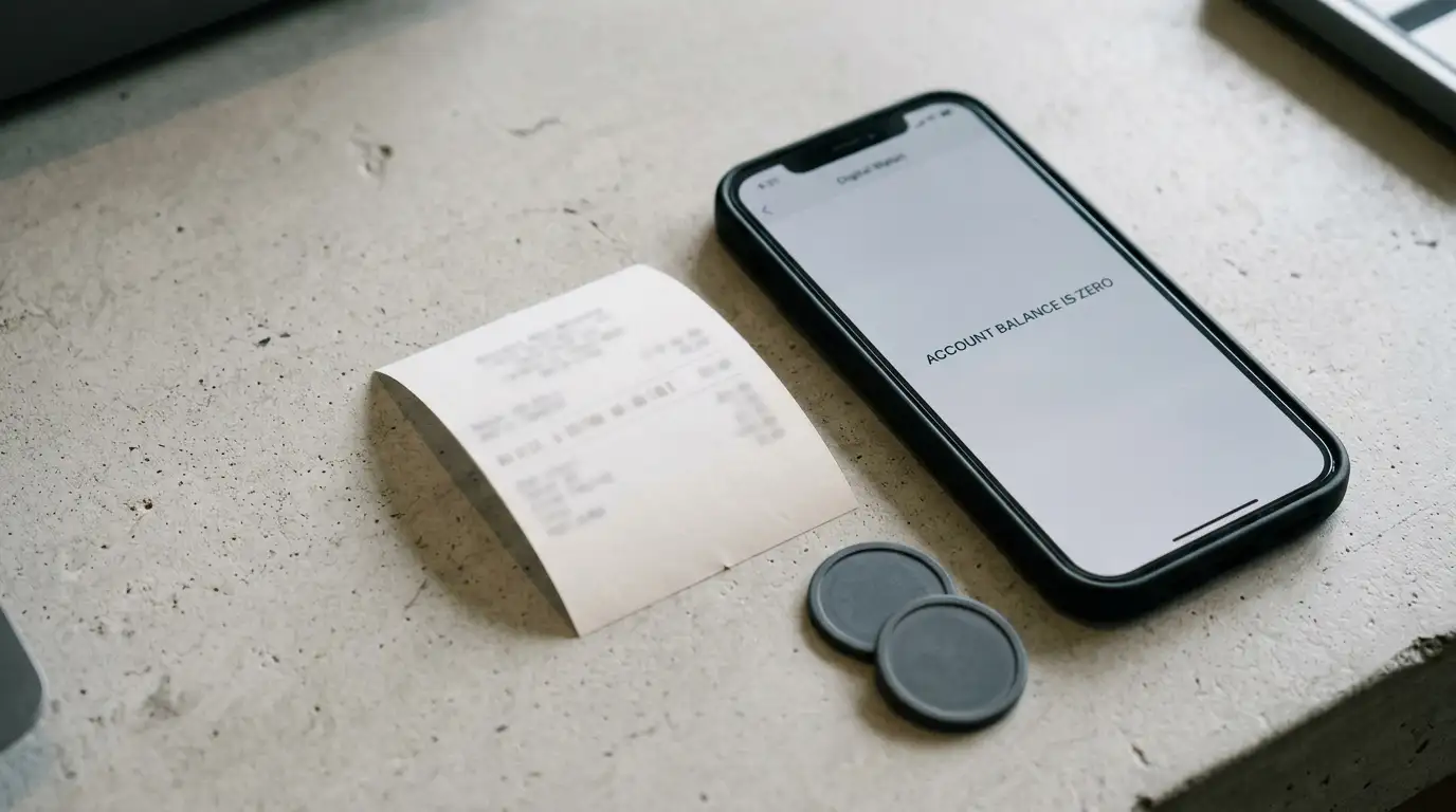 Prepaid voucher receipt with a printed code lying beside a phone wallet app