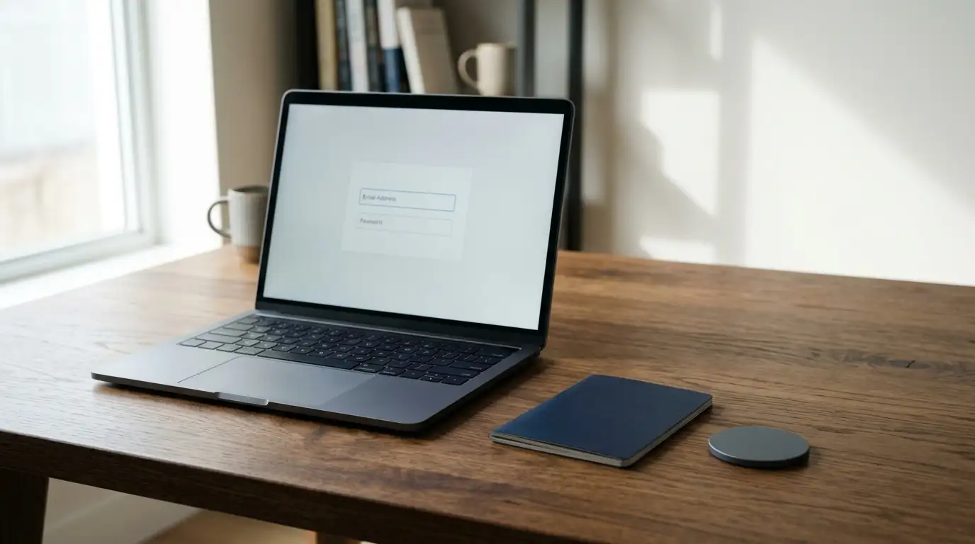Laptop showing a blank sign-up field beside a closed passport on a desk