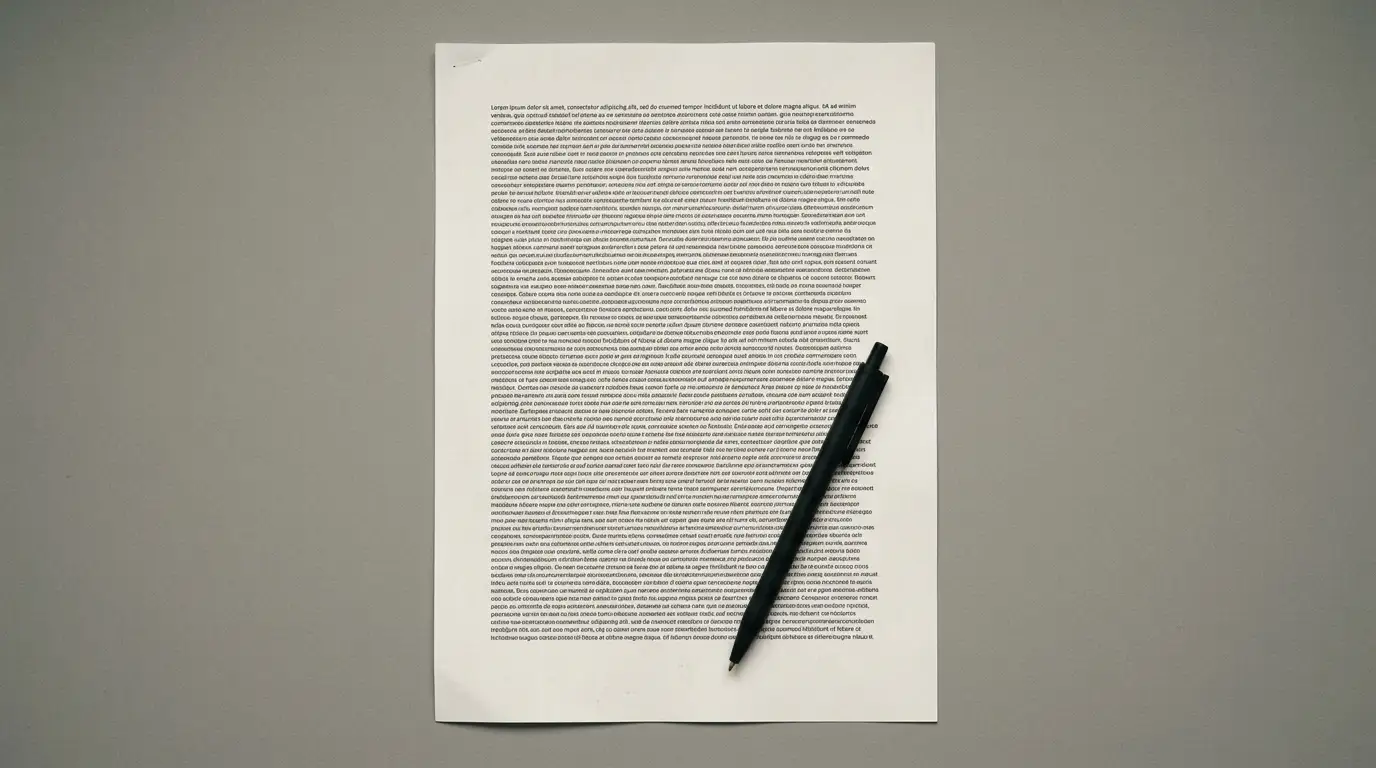 Printed terms and conditions page with a pen resting across the small print