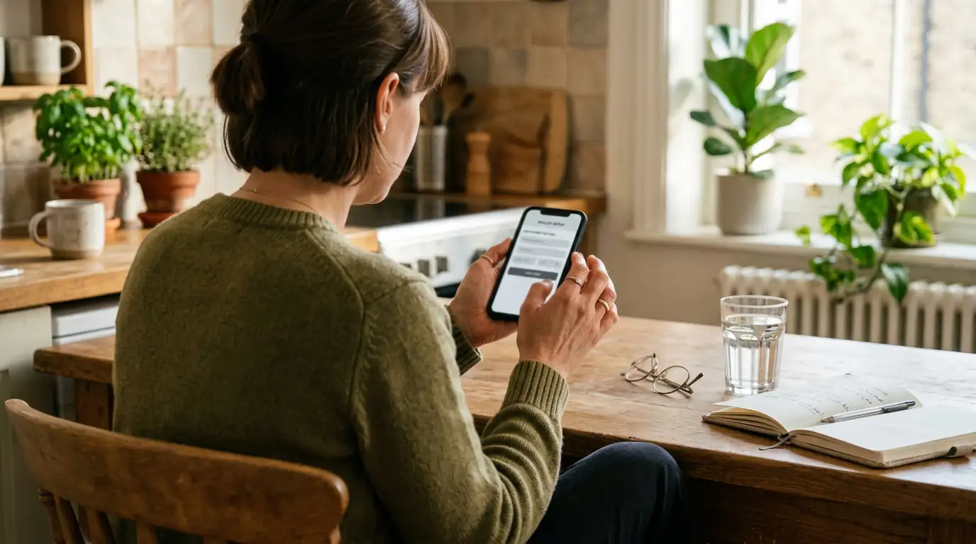 Person adding a payment card to a phone wallet app at a kitchen bench