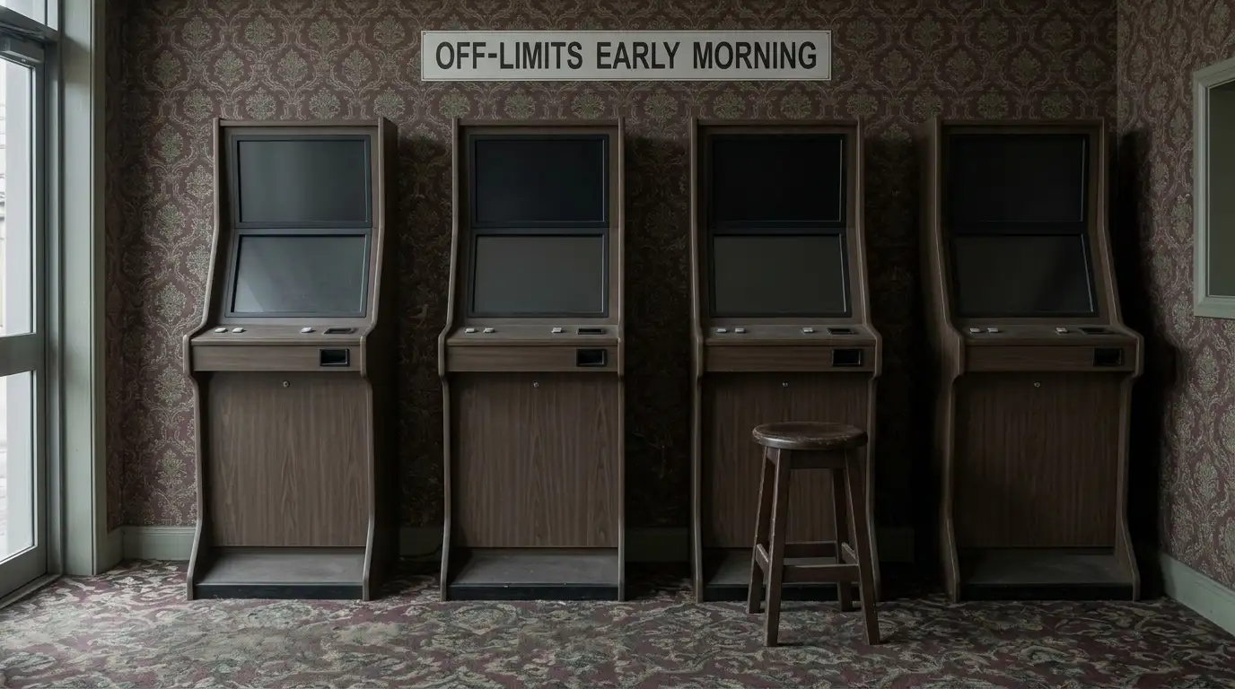 Empty Australian pub gaming room with unbranded machine cabinets switched off