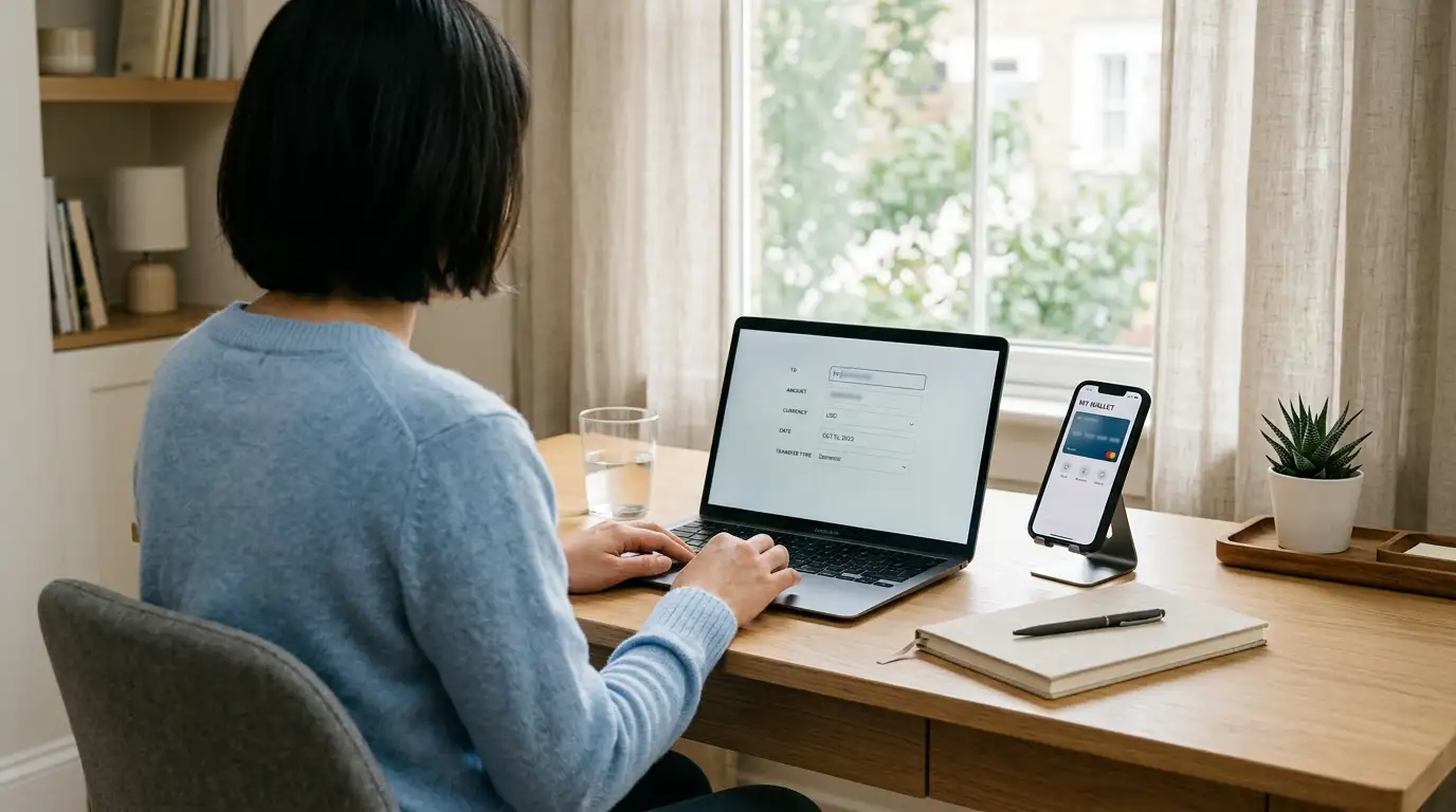 Person at a laptop moving funds through an exchange interface with a wallet app open alongside