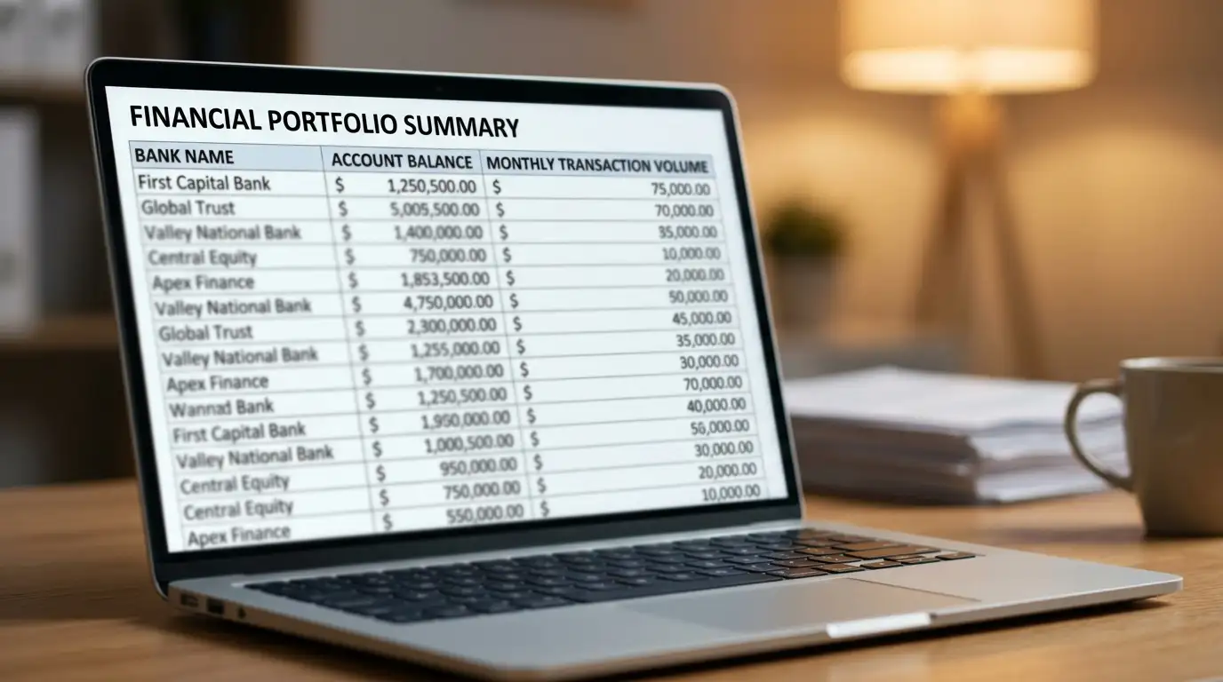Laptop screen displaying a table with bank names and dollar amounts in organized columns