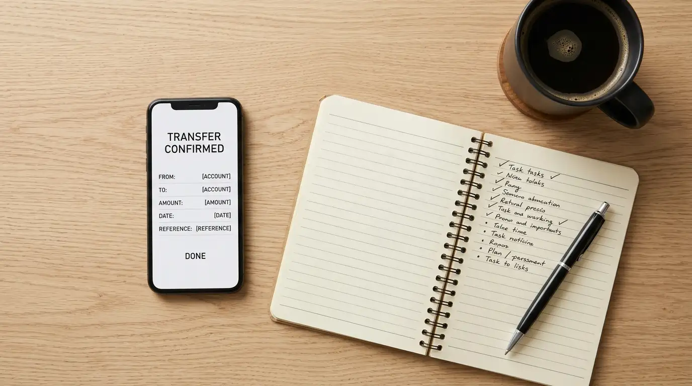 Smartphone banking app open beside a notepad listing casino deposit and withdrawal options
