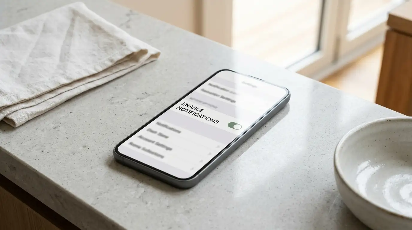 Phone on a kitchen bench showing a plain banking settings screen with a toggle switched on