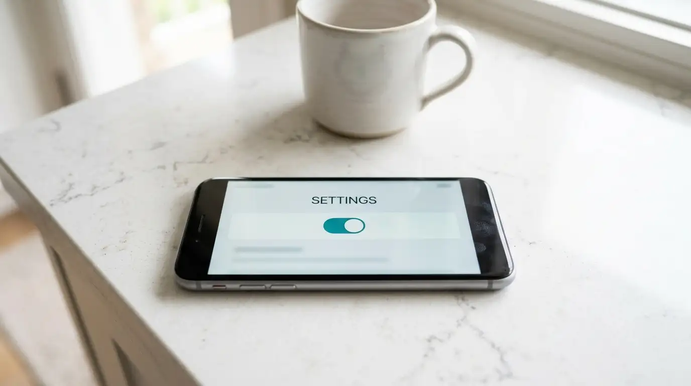 Smartphone on a kitchen bench showing a plain banking app settings screen with a toggle switch