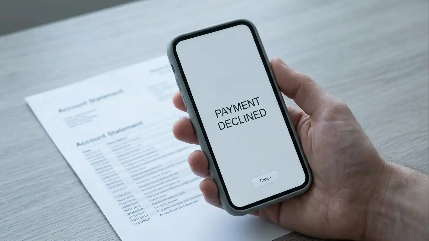 Declined payment notice on a phone screen next to a bank statement