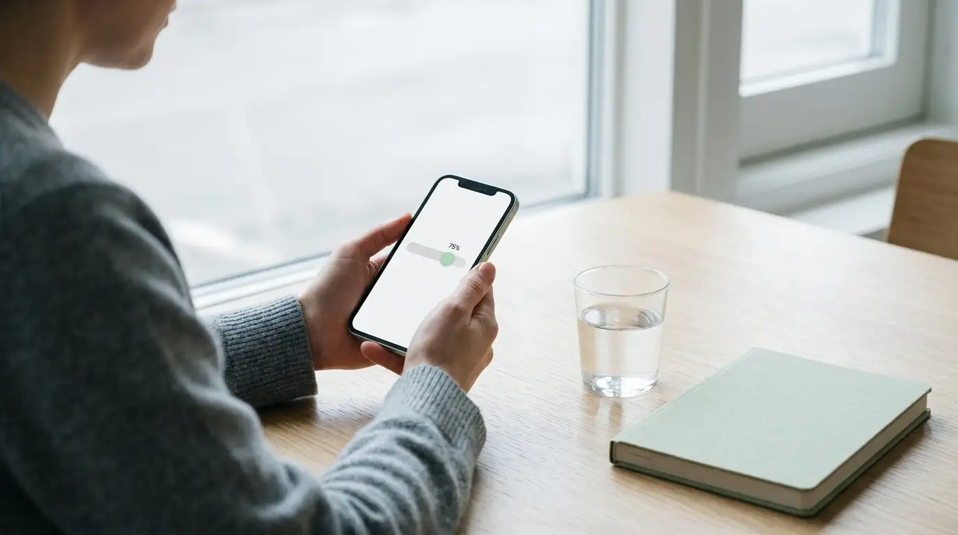 Person setting a transfer limit slider in a banking app while seated at a quiet table