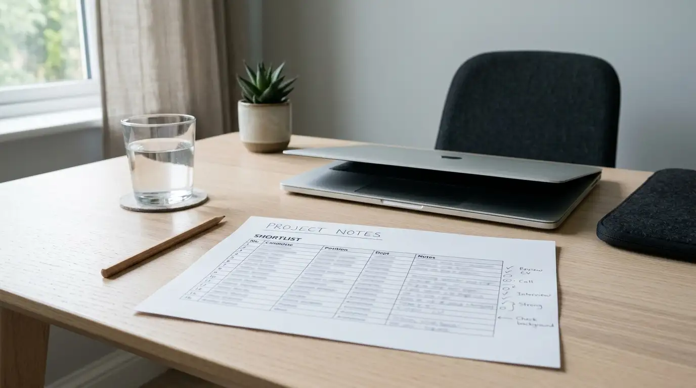 Editorial desk with a printed shortlist of casino sites and payment notes