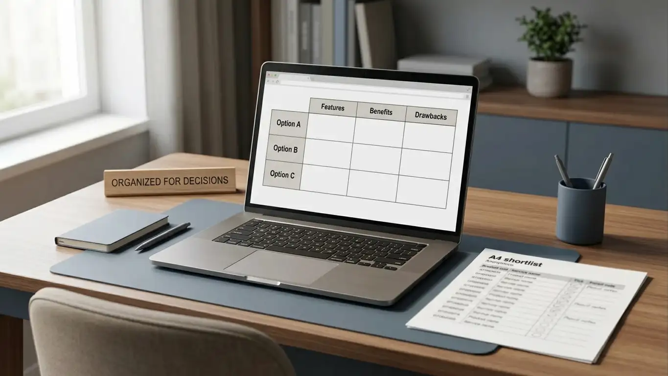 Desk with a laptop and a printed shortlist of low deposit pokies sites