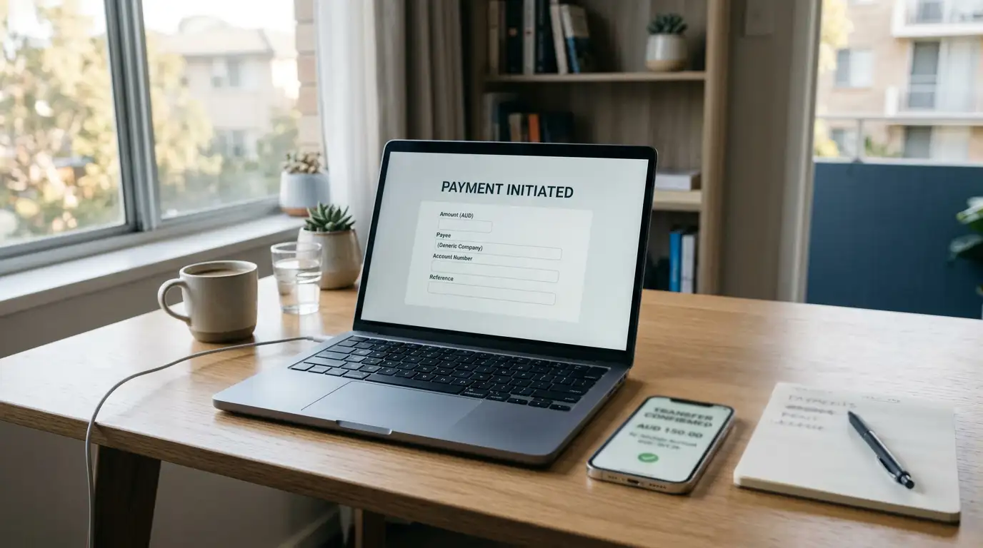 Australian casino payment methods compared on a laptop and phone at a home desk