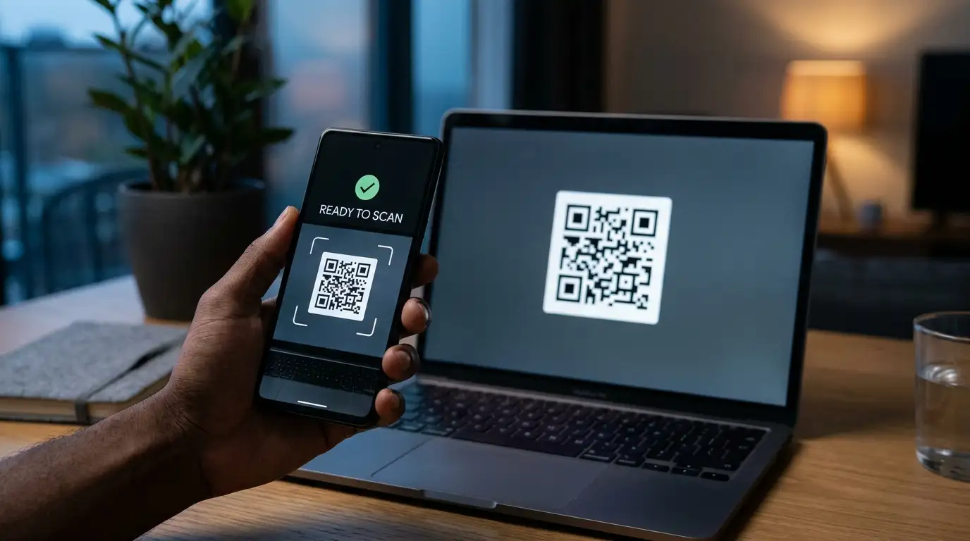 Smartphone wallet app scanning a QR code deposit address on a laptop screen