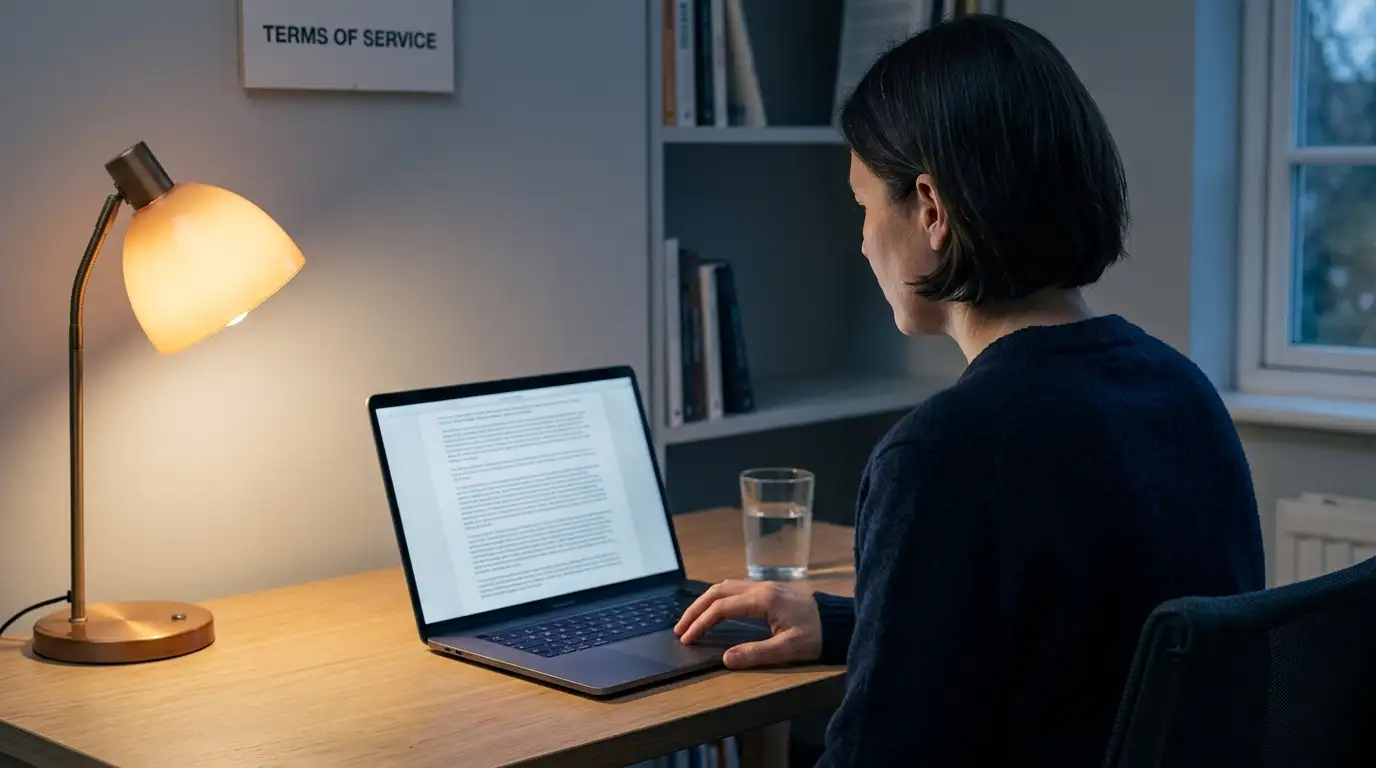 Person at a laptop reviewing casino terms and conditions on screen