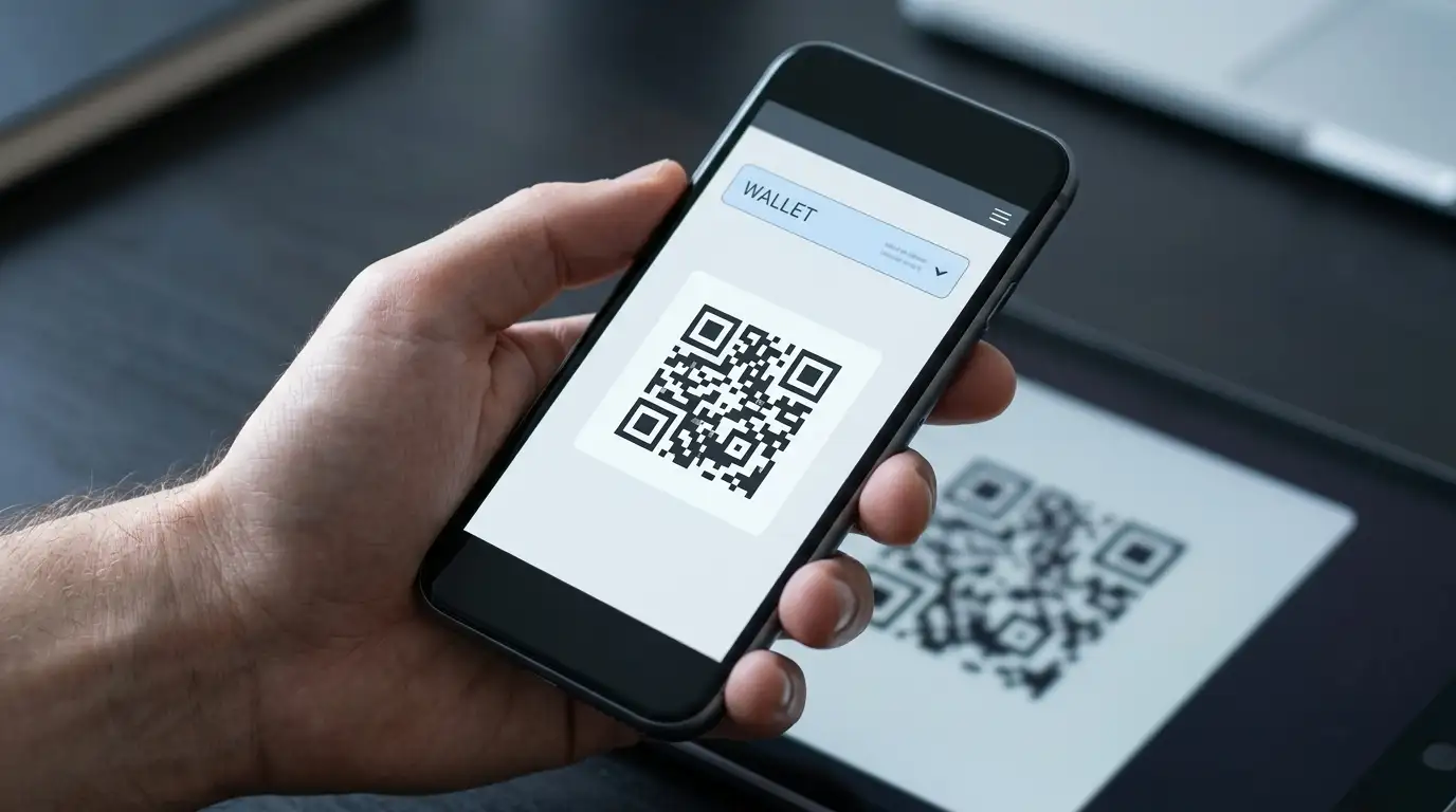 Hand holding a phone with a wallet app scanning a QR deposit code