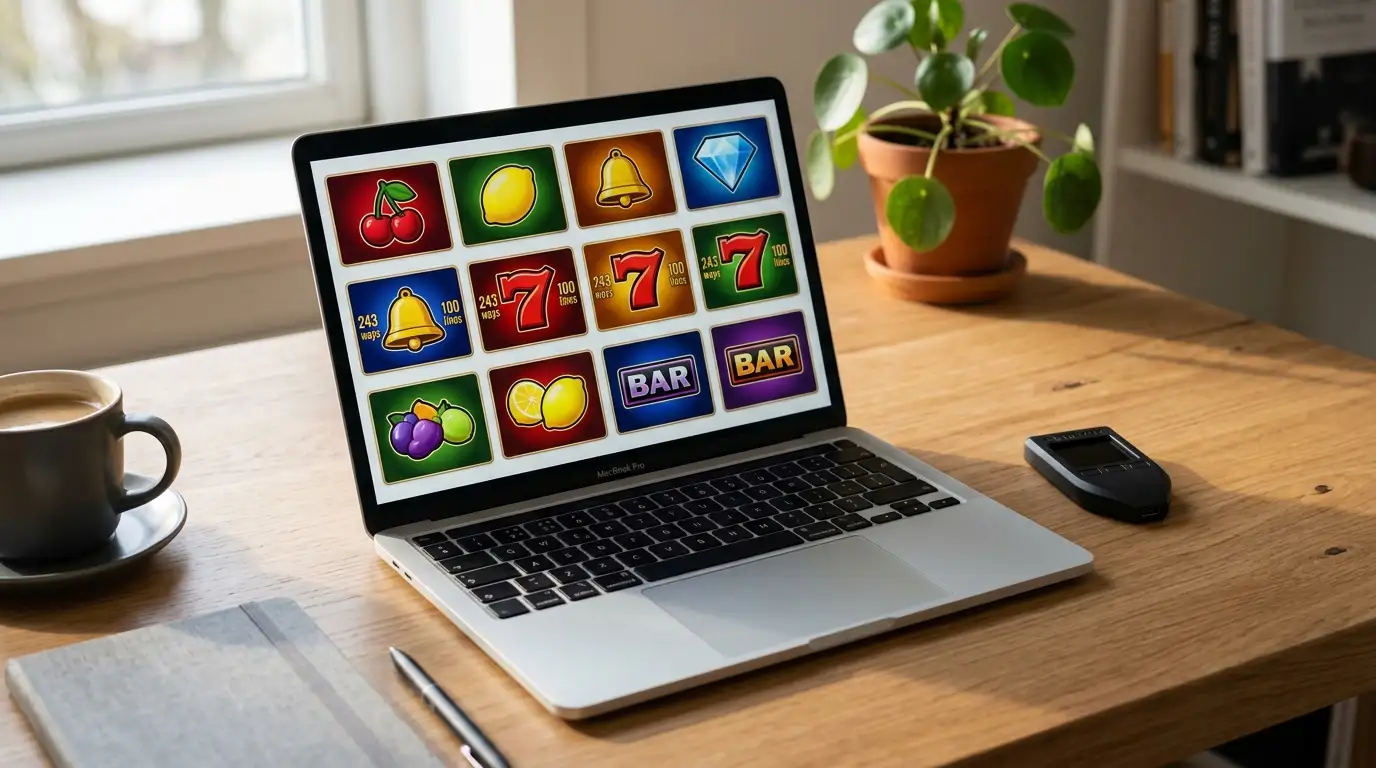 Laptop on a desk showing a pokies lobby beside a crypto hardware wallet