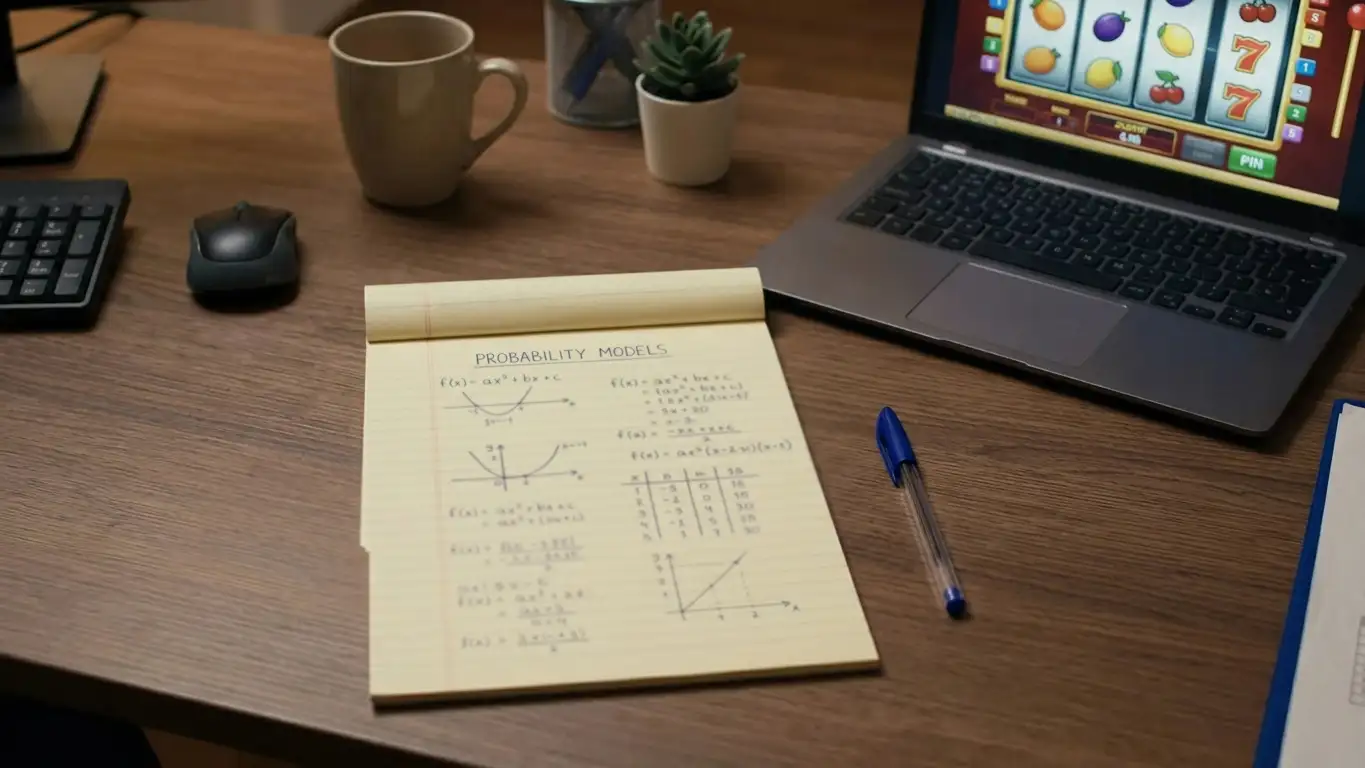 Notepad with handwritten bonus wagering calculations next to a laptop showing slot reels