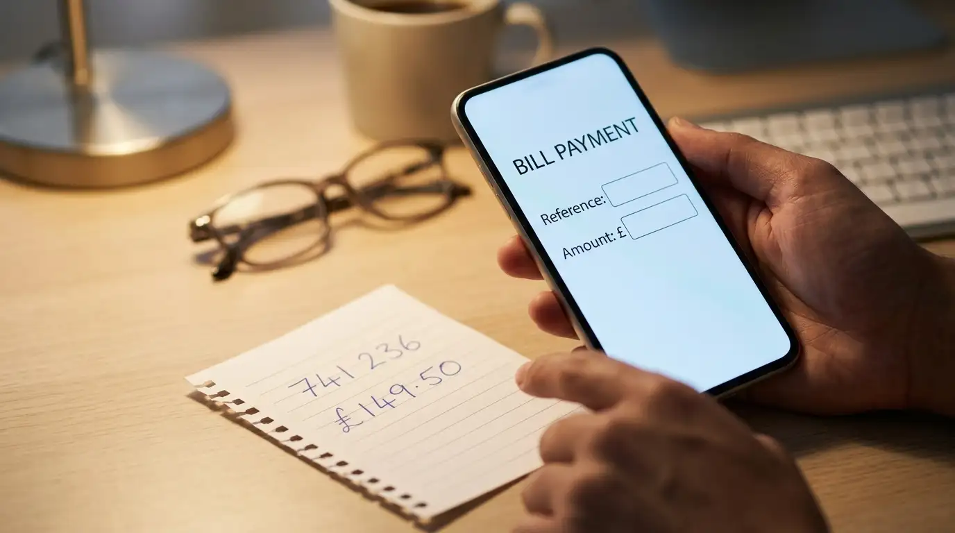 Hand holding a phone with a bill payment form open, reference numbers written on paper alongside
