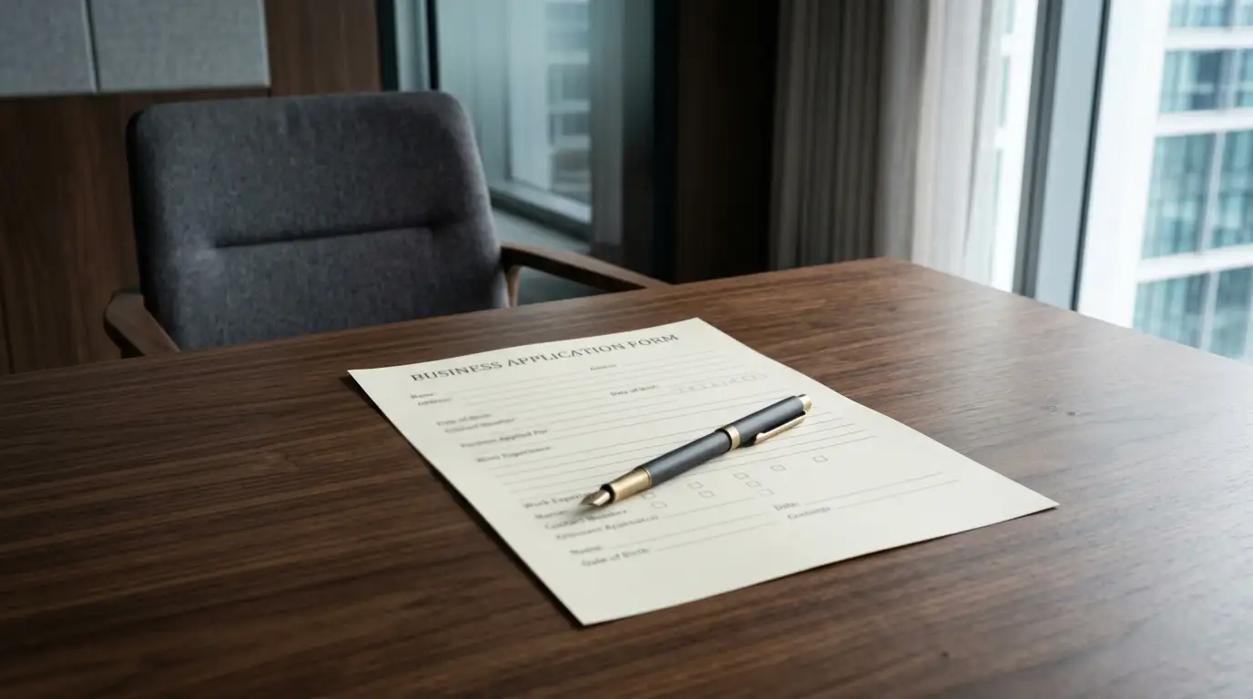 Blank business application form on a bank desk with a pen resting across it