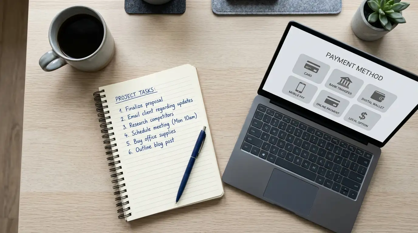 Notepad listing site names beside a laptop showing a plain payment options page