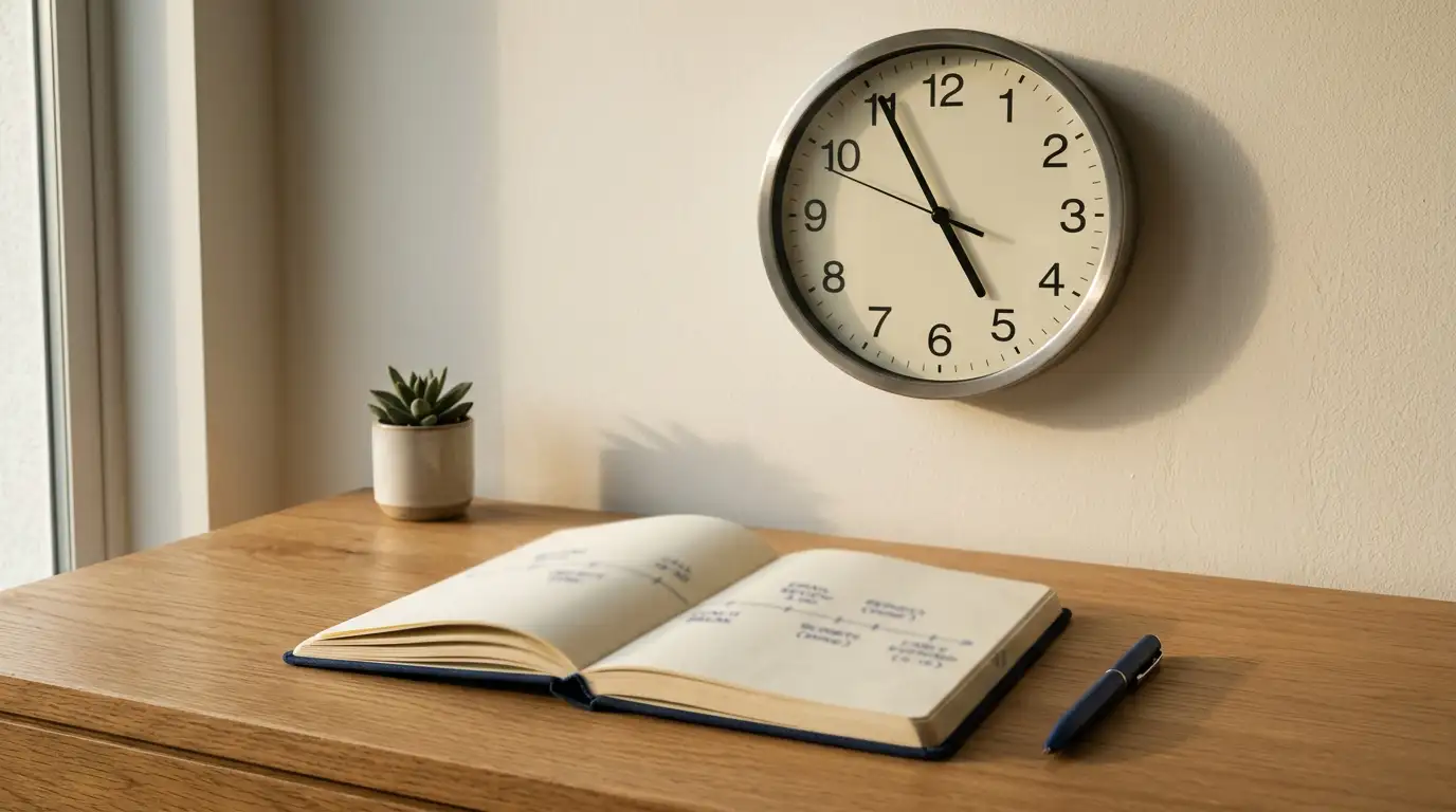 Clock on an office wall beside a desk diary with a handwritten timeline of payment days