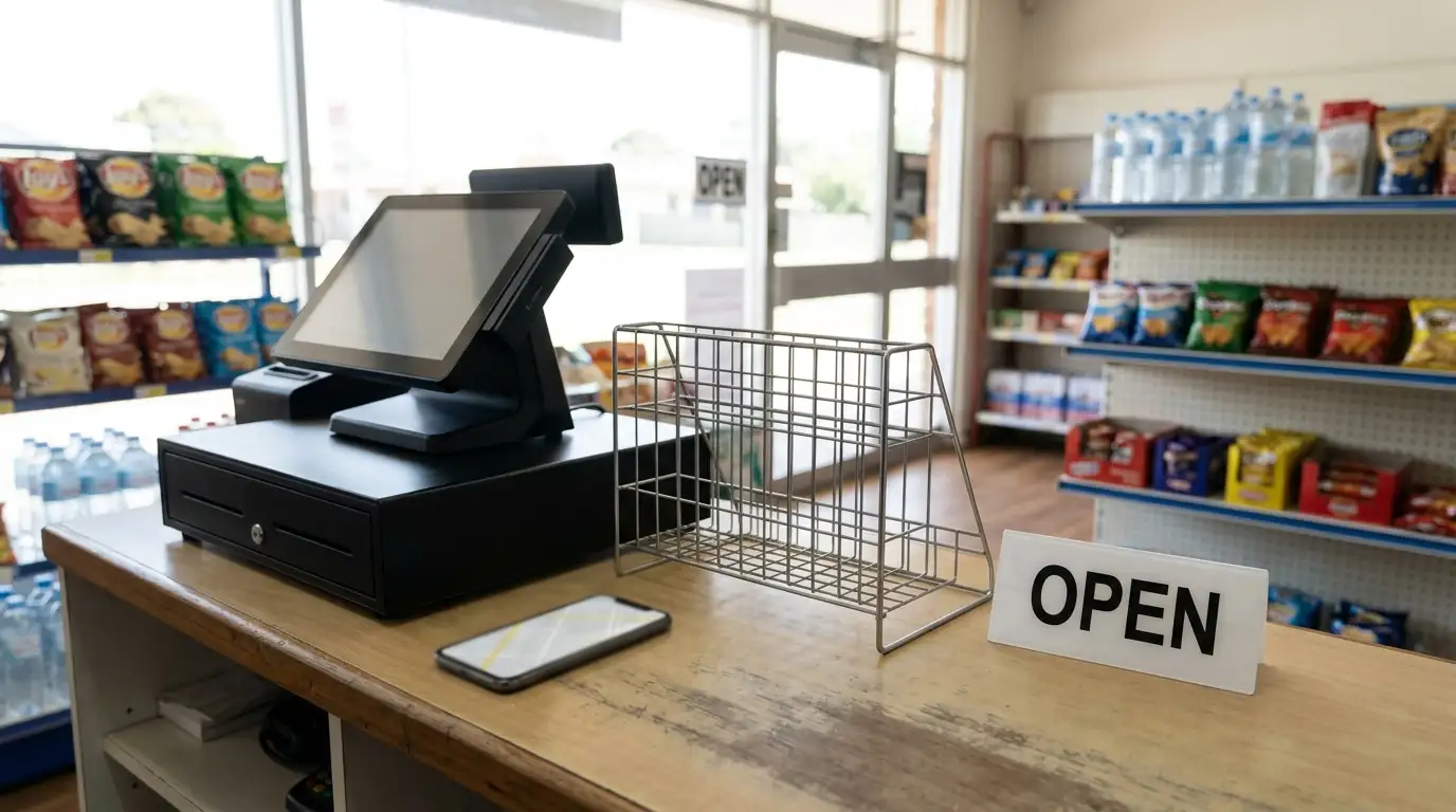Convenience store counter with a prepaid voucher rack and a store locator open on a phone