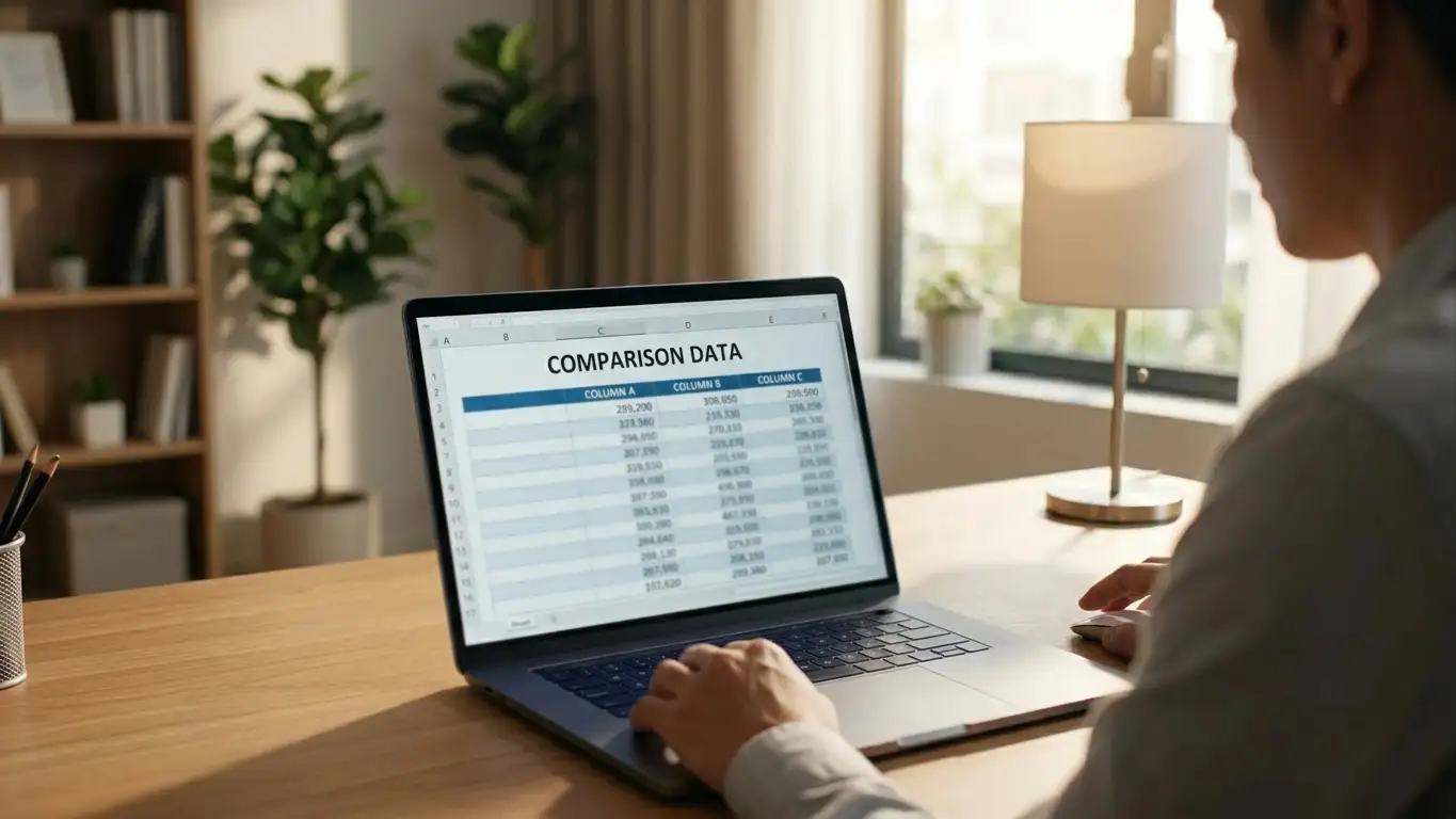 A person at a laptop reviewing a comparison document with structured rows and columns of data on screen
