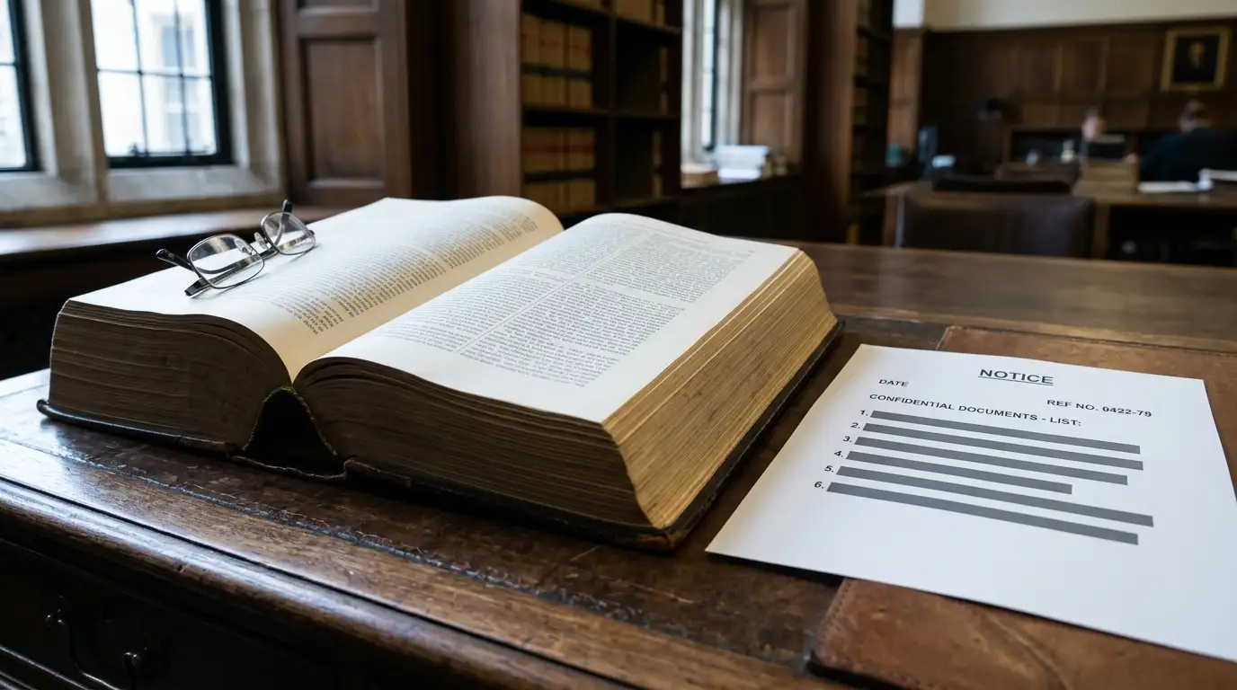 Open statute volume on a desk beside a plain notice of blocked website addresses