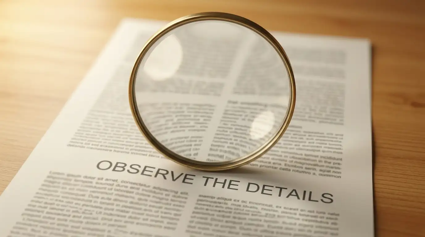 Fine print of promotional terms under a magnifying glass on a wooden table